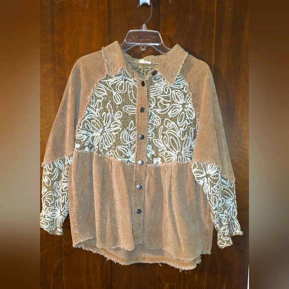 POL Tops - POL Corduroy Button-Down Shirt Jacket in Brown with Cream Embroidery